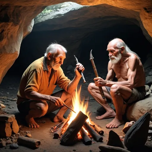 Prompt: Old humans are living in a large cave with campfire and other weapons next to them