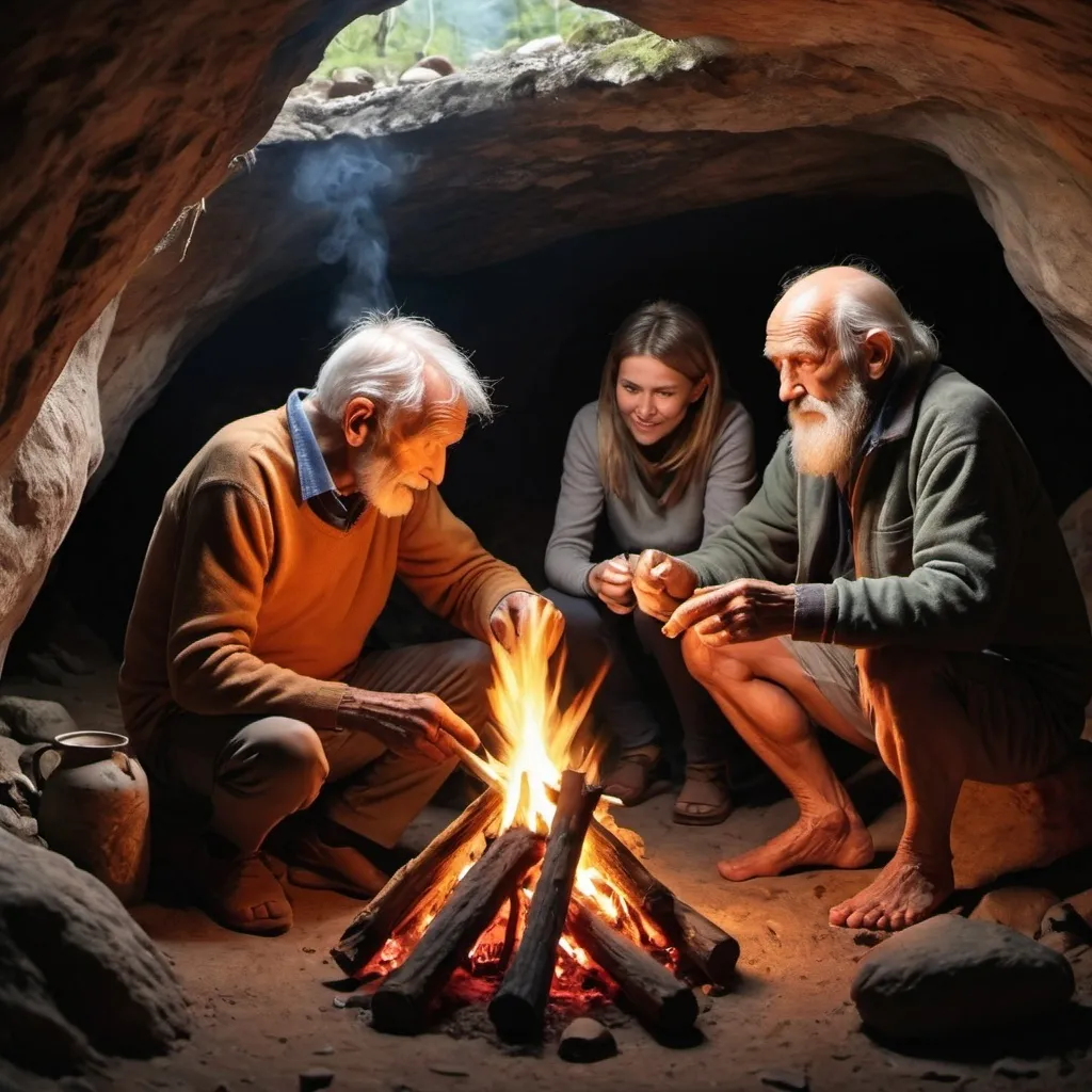 Prompt: Old humans are living in a cave with campfire next to them