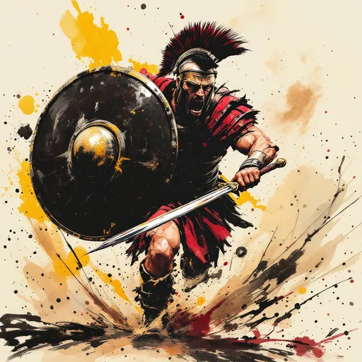Prompt:  Alcohol ink splash art rendition of a spartan warrior from the 2006 movie "300," sword and shield gripped firmly, mid-battle cry, charging across the battleground, captured in a dynamic stance, illustrating intense action reminiscent of a cinematographic freeze-frame, stark brushstrokes, muted color palette with high contrast, dramatic lighting highlighting the great lines of battle and battle-scarred faces