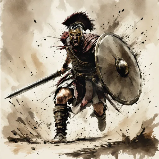 Prompt:  Alcohol ink splash art rendition of a spartan warrior from the 2006 movie "300," sword and shield gripped firmly, mid-battle cry, charging across the battleground, captured in a dynamic stance, illustrating intense action reminiscent of a cinematographic freeze-frame, stark brushstrokes, muted color palette with high contrast, dramatic lighting highlighting the great lines of battle and battle-scarred faces