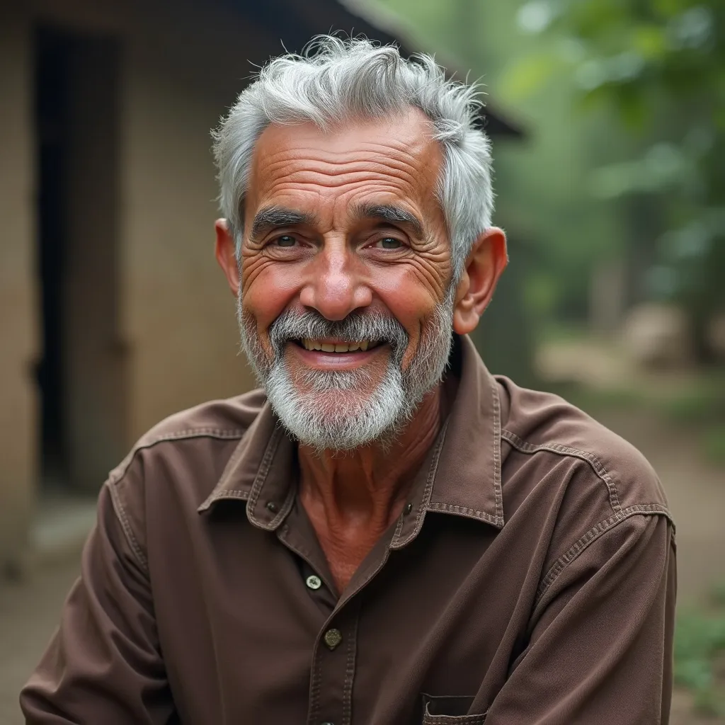 Prompt: One old man with joy ,in village,  strong and tall, handsome, hair grey, eyes light green cloth normal