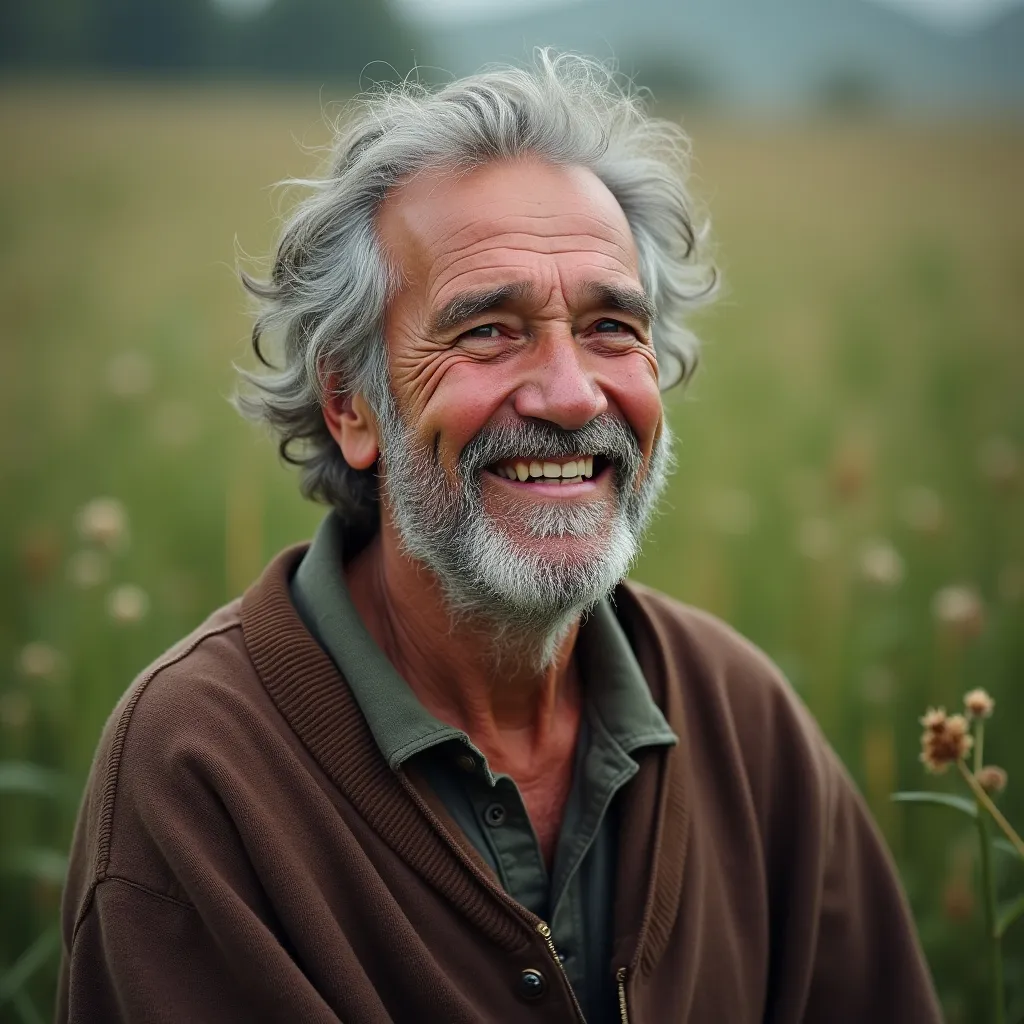 Prompt: One old man with joy ,in village,  strong and tall, handsome, hair grey, eyes light green cloth normal