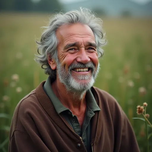 Prompt: One old man with joy ,in village,  strong and tall, handsome, hair grey, eyes light green cloth normal