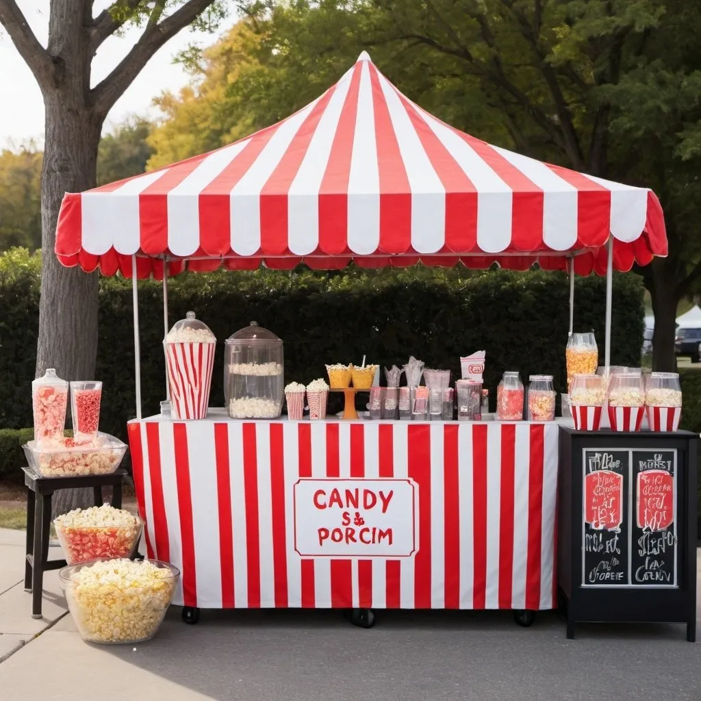 Prompt: Food stand, with table set up outside, with canopy, and candy on table, with drinks and popcorn for sale. 