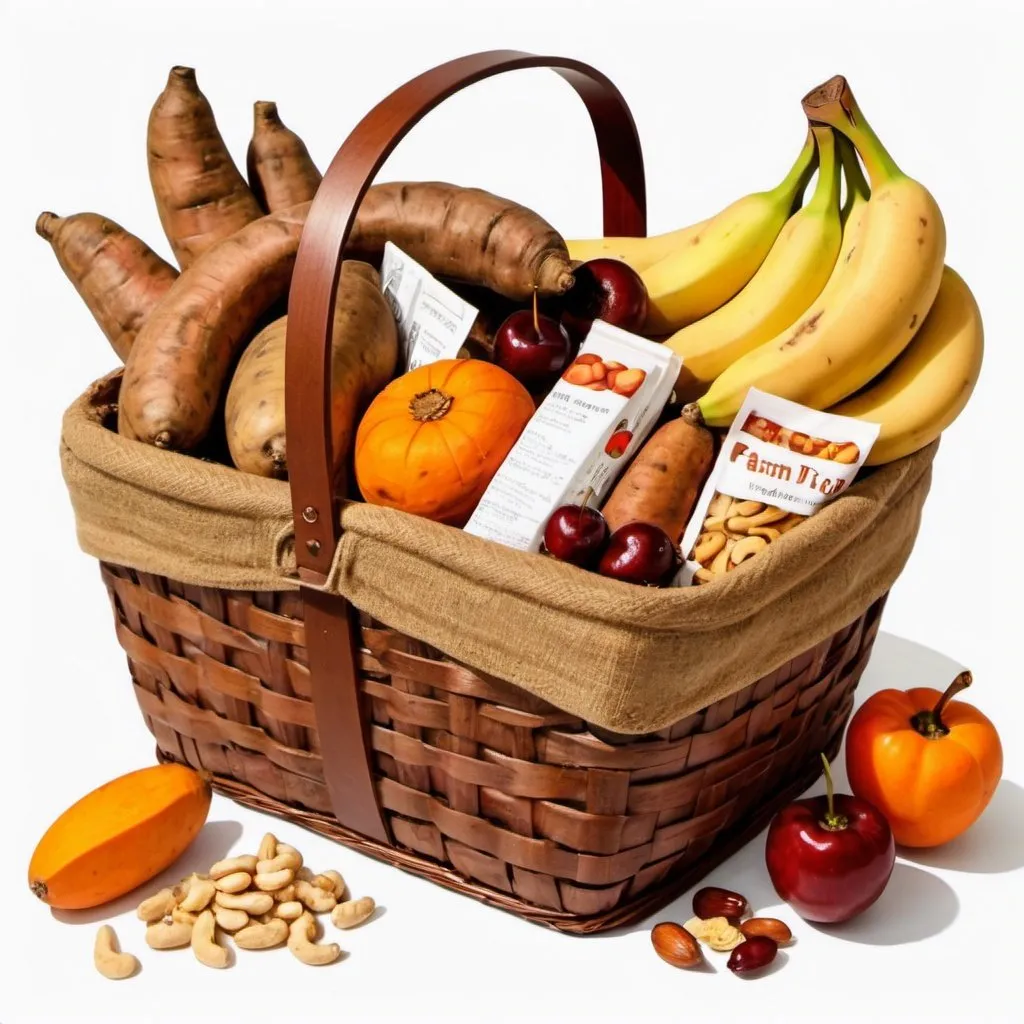 Prompt: draw me a brown pic nic basket 
inside of it draw yams, tea bags, bananas, sweet potatoes, cherries, peanuts and persimmons 
draw it all seen from the side and in a white background 




