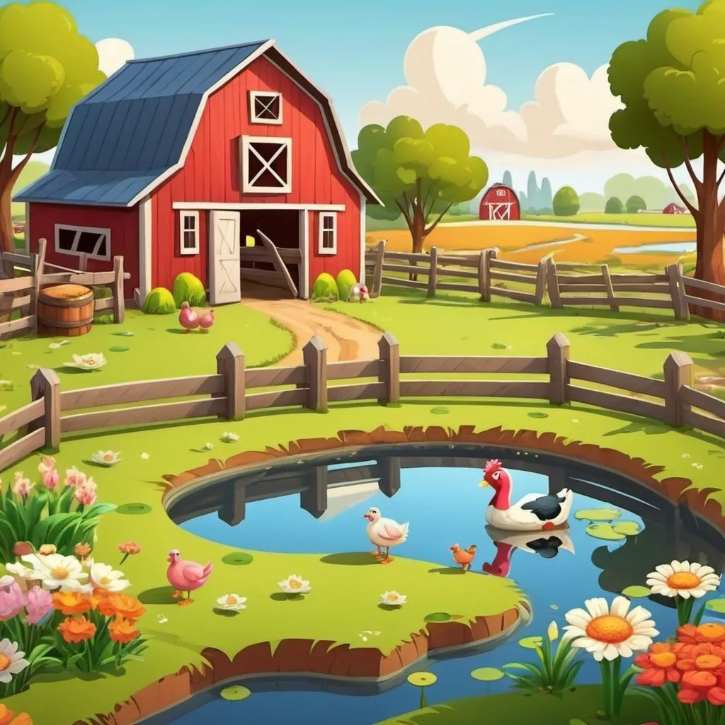 Prompt: cartoon farm with a pond












