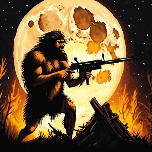 Prompt: Caveman holding AR-15 rifle standing by a fire howling at a full moon. 