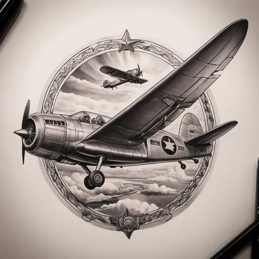 Prompt: Draw an example of a sleeve tattoo that incorporates many aviation themed elements
