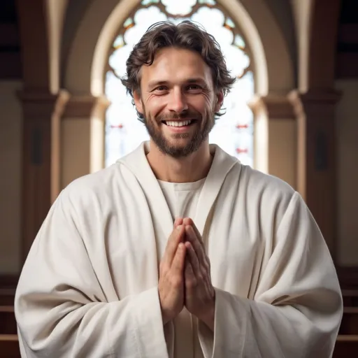 Prompt: tall religious man with white Christian robes on with big calloused hands with wavy brown short hair with hazel eyes with a rough short beard with a chesire smile