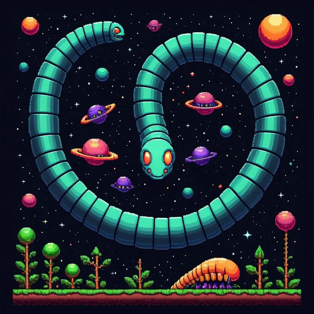 Prompt: intergalactic worm, 2d, retro game, pixelart