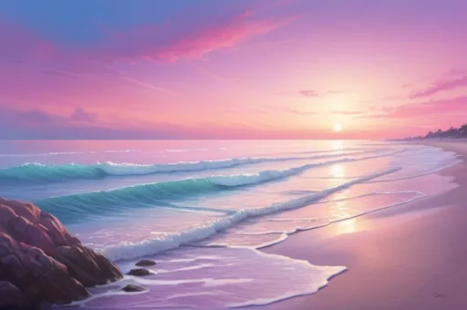 Prompt: Realistic digital painting of a serene beach scene, vibrant blue, pink, purple, and white sky gradient, gentle waves on the sea, photo-realistic, high quality, serene beach, realistic waves, vibrant sky, detailed digital painting, peaceful atmosphere, coastal landscape, professional, realistic style, tranquil seascape