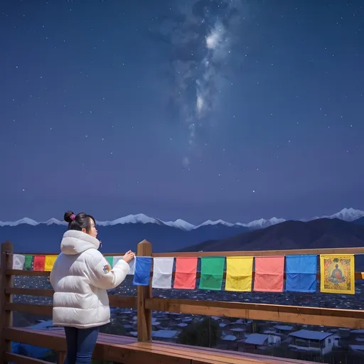 Prompt: a person standing on a wooden deck wearing a crop white down jacket and lots of colorful Tibet Buddha prayer flag in front of her on the wood fence,  a beautiful starry night clear sky over her head, award-winning photograph, a photo