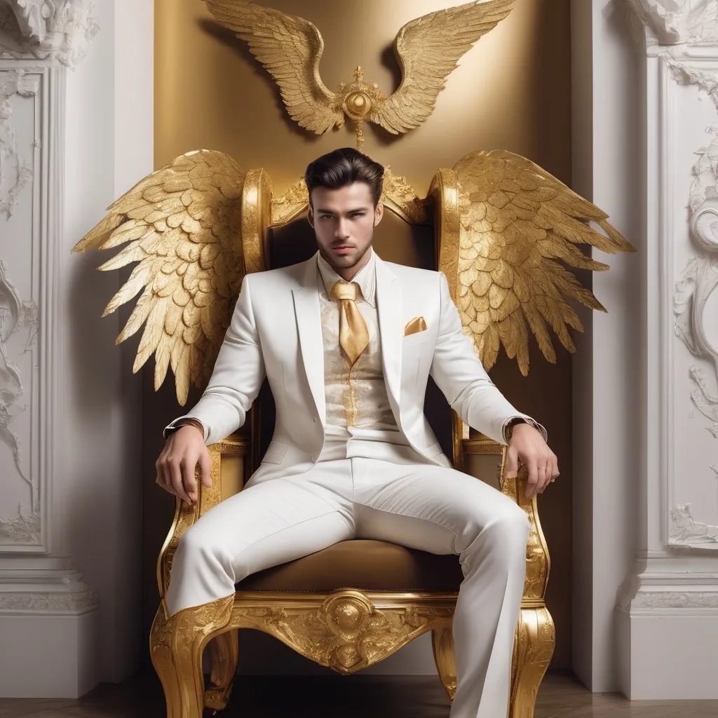 Prompt: A handsome guy whose looks are more like a king sitting on a golden chair  and the walls against the chair are white with wide golden angelic wings and the guy should be lookin at the front