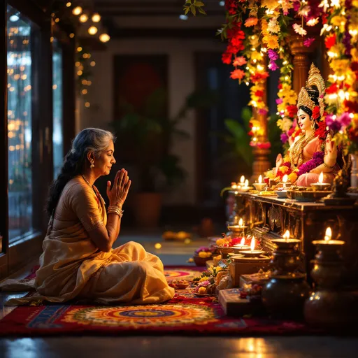 Prompt: A traditional South Indian pooja room decorated for Tamil New Year (Puthandu), elderly Indian woman in a saree doing morning prayer with folded hands, vibrant kolam on the floor, oil lamps, and a kuthuvilakku, above the altar, Hindu deity images adorned with flowers and fairy lights, warm festive lighting, peaceful and spiritual atmosphere --v 6 --ar 4:5