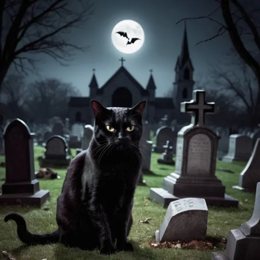 Prompt: cat in a graveyard at night
 with satan behind the cat