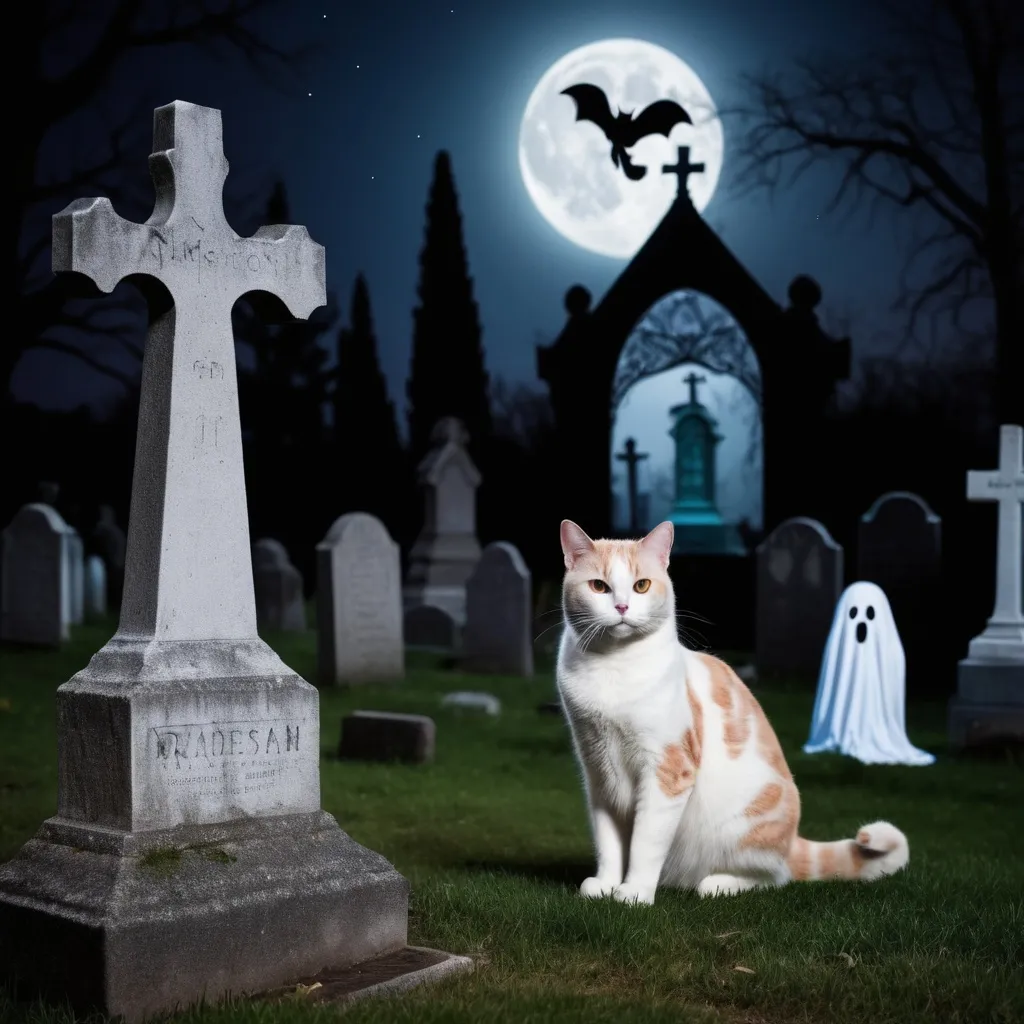 Prompt: cat in a graveyard at night with a ghost behind the cat