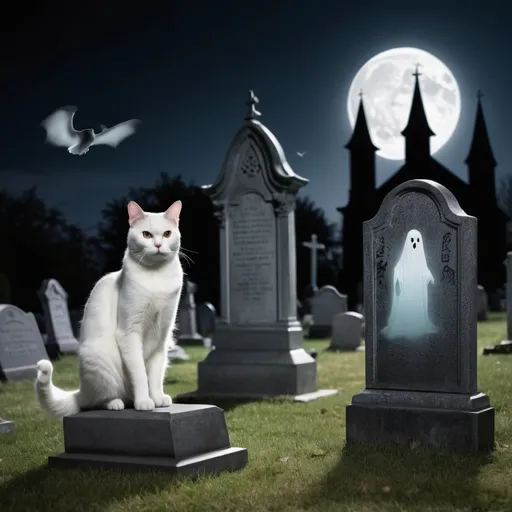 Prompt: cat in a graveyard at night with a ghost behind the cat