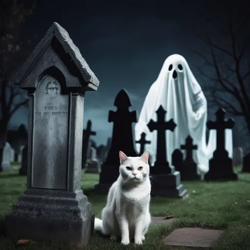 Prompt: cat in a graveyard at night with a scary ghost behind the cat