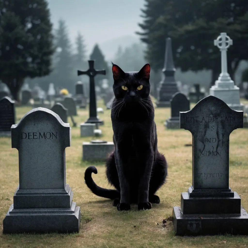 Prompt: cat in a graveyard with a demon behind the cat