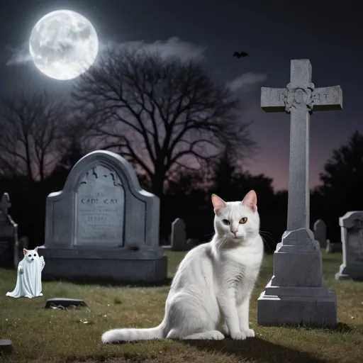 Prompt: Realistic cat in a graveyard at night with a ghost behind the cat