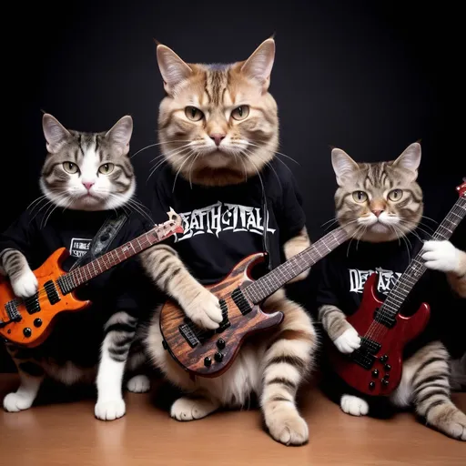 Prompt: 3 cats thrashing at death metal music