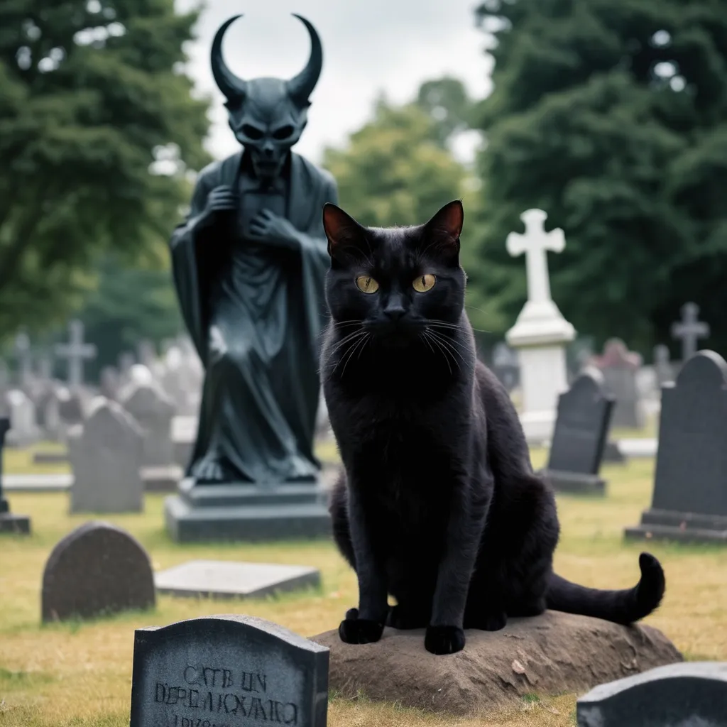 Prompt: cat in a graveyard with a demon behind the cat