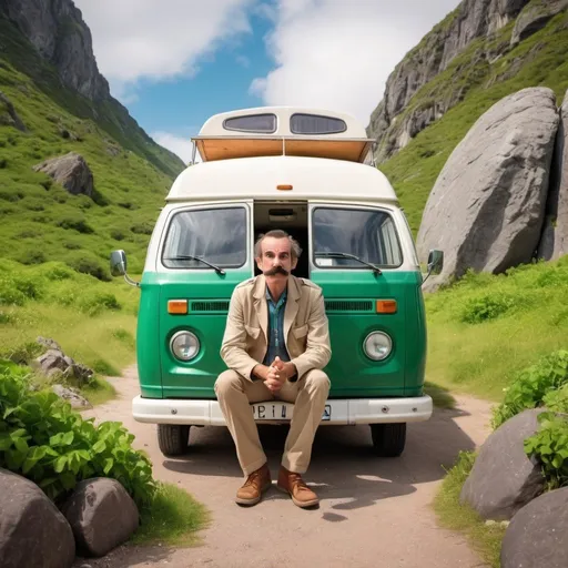 Prompt: A crazy biologist with moustache in a camper van searching for a meaning of life on an island of rocks and green lush