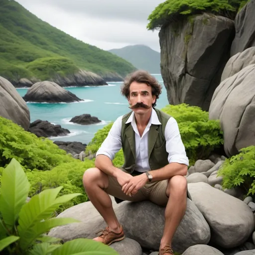 Prompt: A bold biologist with moustache glamping and searching for a meaning of life on an island of rocks and green lush