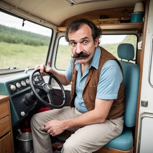 Prompt: A crazy biologist with moustache in a camper van searching for a meaning of life