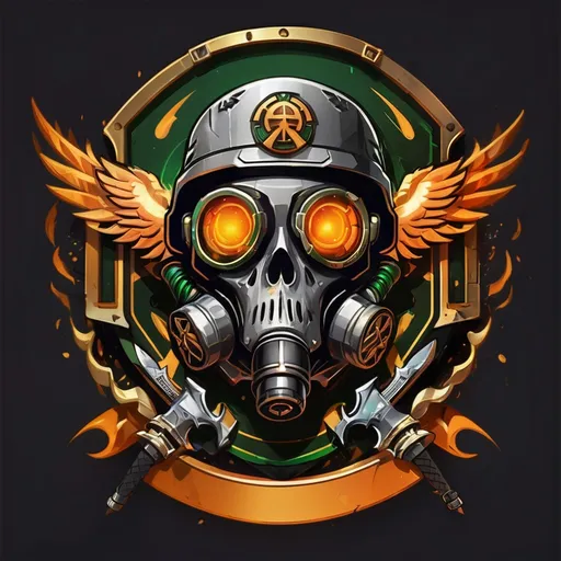 Prompt: Um brasão militar futurista e detalhado para um esquadrão de elite. No centro, um escudo com fundo preto e bordas douradas, contendo uma caveira estilizada com uma máscara de gás. A caveira é envolta por chamas verdes e laranjas, representando fogo e gás tóxico. Acima da caveira, duas espadas cruzadas com detalhes futuristas. No topo do brasão, uma águia estilizada com asas abertas, segurando um foguete em suas garras. Ao redor do escudo, uma fita com o texto 'FIRE TOXIC LEGION' em letras góticas. O fundo do brasão tem um efeito de fumaça tóxica verde e detalhes de fogo saindo das bordas. Estilo realista e altamente detalhado, com cores escuras e vibrantes, perfeito para um uniforme militar.
