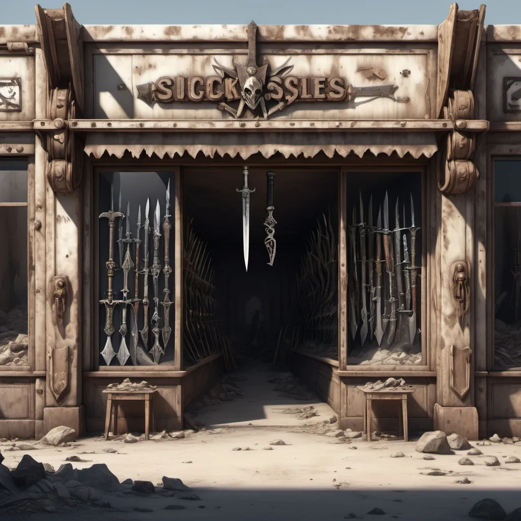 Prompt: A storefront in an empty wasteland. Visible beyond the open doorway are many fantastical swords, sickles and daggers