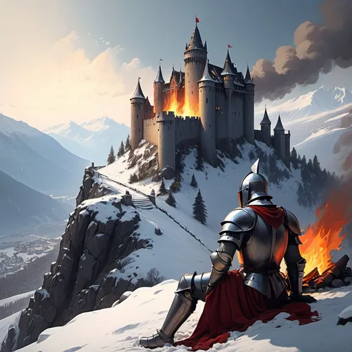 Prompt: Knight looking down at a castle from a snowy mountain while lying down next to a fire