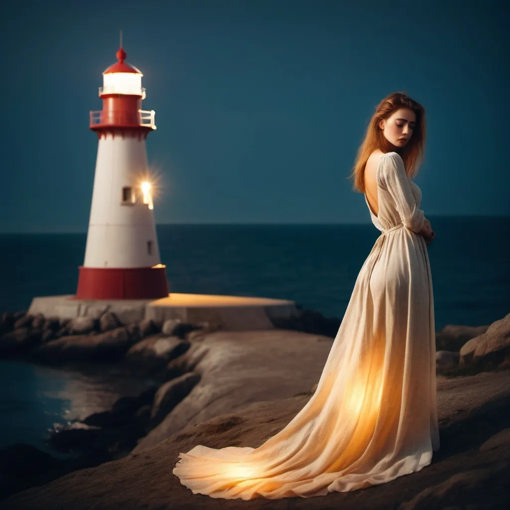 Prompt: A sad beautiful woman, in a light long dress. Waiting for her beloved. The picture is illuminated by a lighthouse.