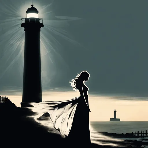 Prompt: A sad beautiful woman in full growth.  She is wearing a light long dress that is blowing in the wind.  The silhouette of a military man. The picture is illuminated by a lighthouse.