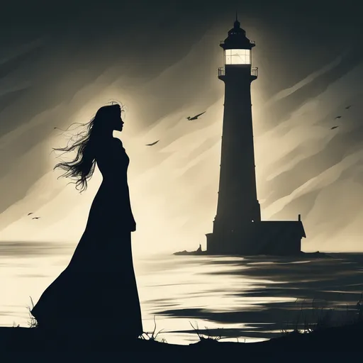 Prompt: A sad beautiful woman in full growth.  She is wearing a light long dress that is blowing in the wind.  The silhouette of a military man. The picture is illuminated by a lighthouse.