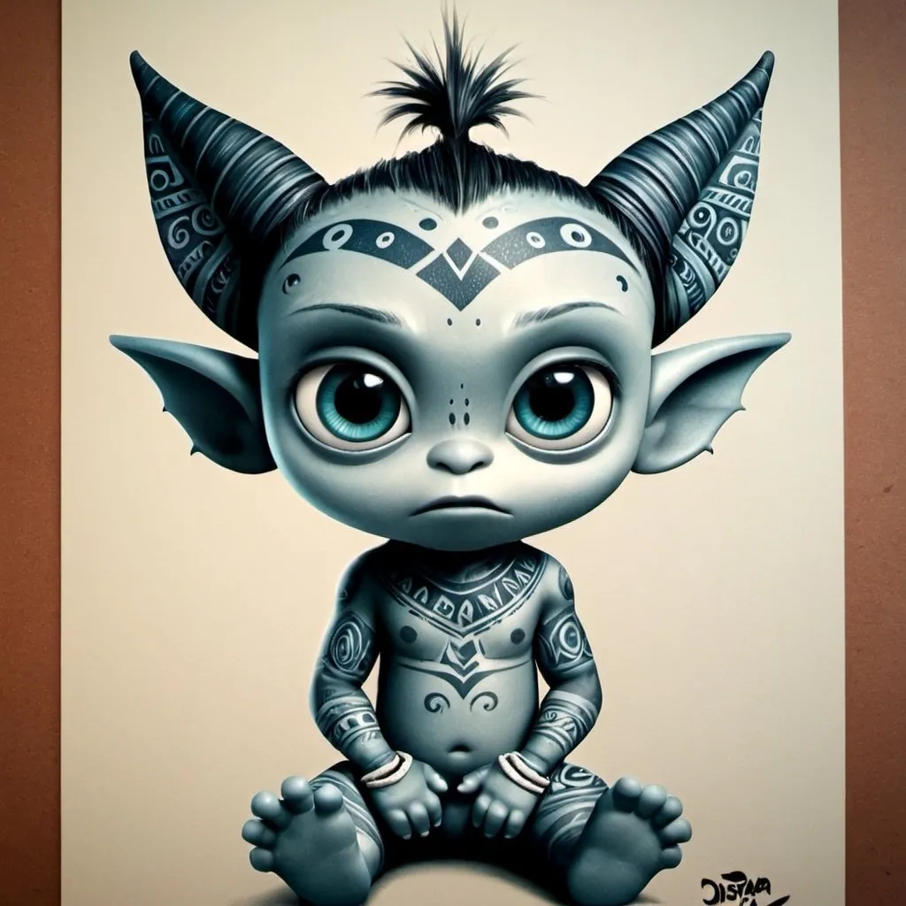 Prompt: Disney-style illustration of a baby alien with black and white Polynesian tribal tattoo, octane render