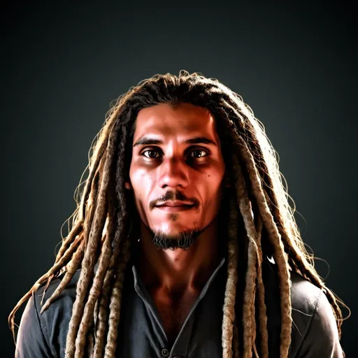 Prompt: hyper-realistic man wearing long dreadlocks, rendered as a 3D character, dnd, dark background