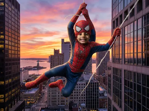 Prompt: Spider-Man swinging between skyscrapers with a sunset backdrop in New York City.