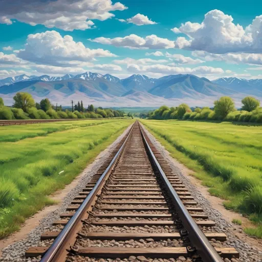 Prompt: Landscape portrait with train tracks in front 