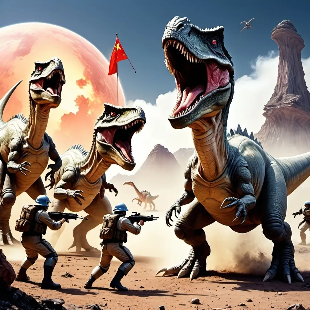 Prompt: Chinese legionnaires fighting dinosaurs on distant planet