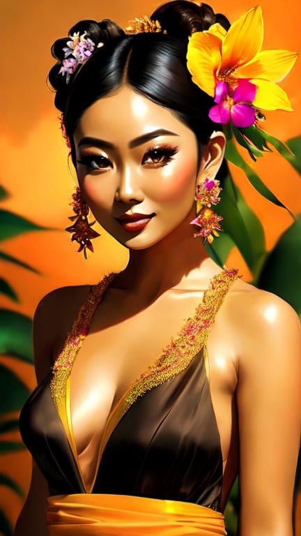 Prompt: Portrait of a pretty Balinese woman, (round face, high cheekbones, almond-shaped brown eyes, long black hair, small delicate nose), wearing traditional balinese kebaya, sarong and traditional balinese headdress. She has a tanned skin and she is surrounded by tropical nature and flowers. 