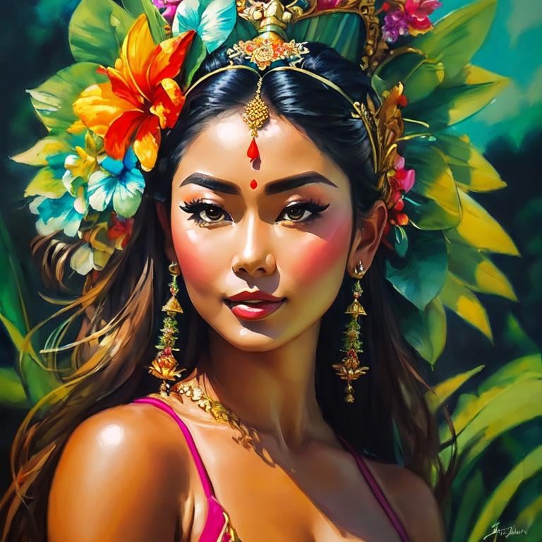 Prompt: Painting of the portrait of a pretty Balinese woman, wearing traditionnal balinese headdress. She has a tanned skin and she is surrounded by tropical nature and flowers. 