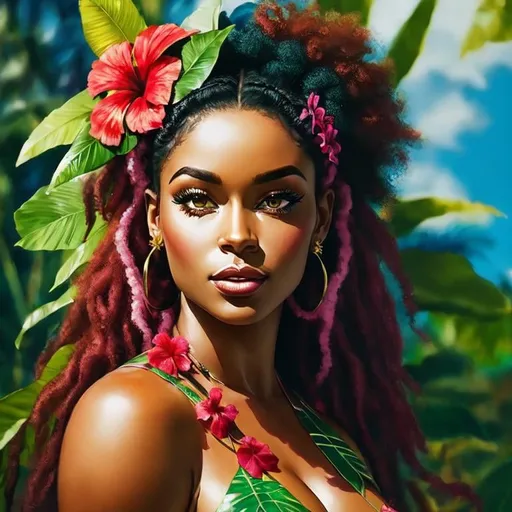 Prompt: Painting of the portrait of a pretty Melanesian woman, wearing cocontractant leaves crown and hibiscus flowers on her left ear. She has long thick afro hair, a black skin and she is surrounded by tropical nature and flowers. 