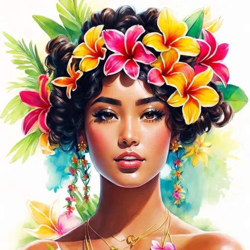 Prompt: Painting of the portrait of a pretty Hawaian/Tahitian woman, wearing a pareo and frangipani flowers on her left ear. She has long thick frizzy hair, a tanned skin and she is surrounded by tropical nature and flowers. She has a polynesian tattoo on her arm. 