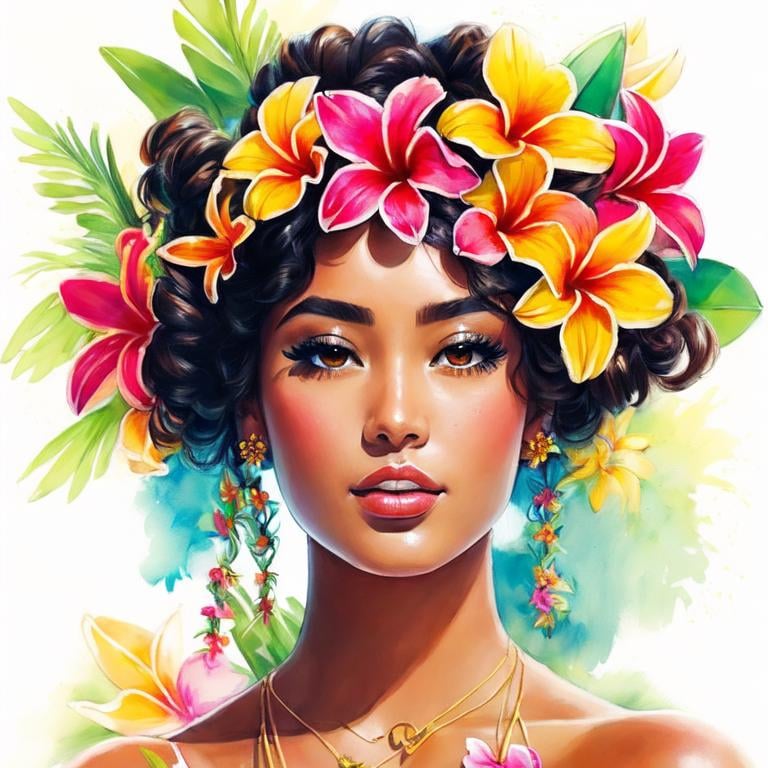Prompt: Painting of the portrait of a pretty Hawaian/Tahitian woman, wearing a pareo and frangipani flowers on her left ear. She has long thick frizzy hair, a tanned skin and she is surrounded by tropical nature and flowers. She has a polynesian tattoo on her arm. 
