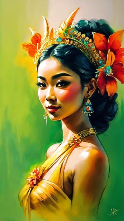 Prompt: Painting of the portrait of a pretty Balinese woman, wearing traditionnal balinese headdress. She has a tanned skin and she is surrounded by tropical nature and flowers. 