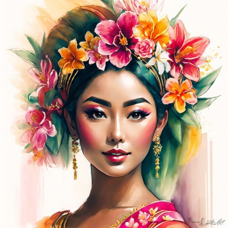 Prompt: Painting of the portrait of a pretty Balinese woman, wearing traditionnal balinese headdress. She has a tanned skin and she is surrounded by tropical nature and flowers. 