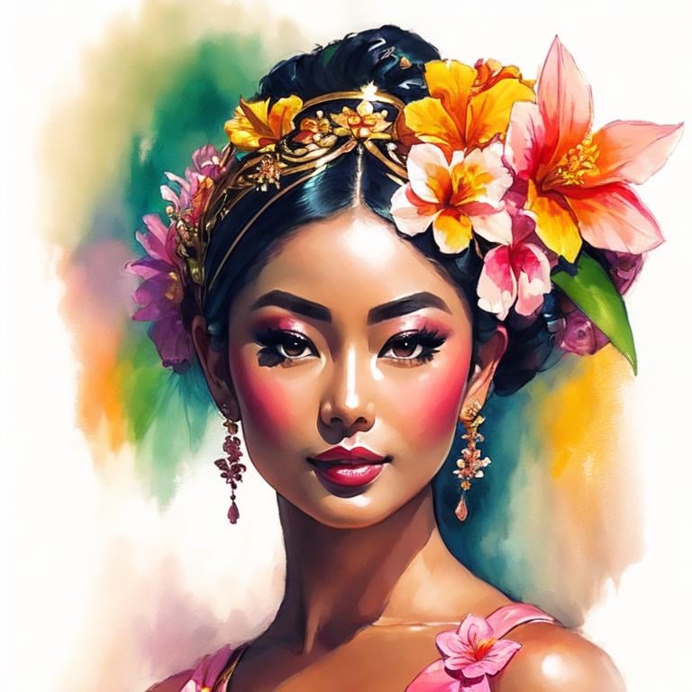 Prompt: Painting of the portrait of a pretty Balinese woman, wearing traditionnal balinese headdress. She has a tanned skin and she is surrounded by tropical nature and flowers. 