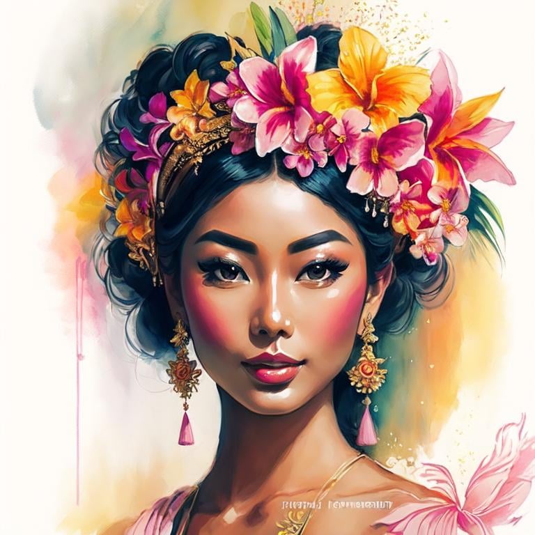 Prompt: Painting of the portrait of a pretty Balinese woman, wearing traditionnal balinese headdress. She has a tanned skin and she is surrounded by tropical nature and flowers. 