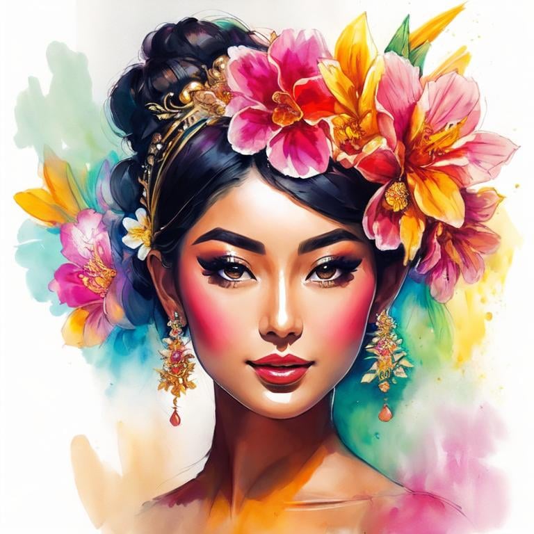 Prompt: Painting of the portrait of a pretty Balinese woman, wearing traditionnal balinese headdress. She has a tanned skin and she is surrounded by tropical nature and flowers. 